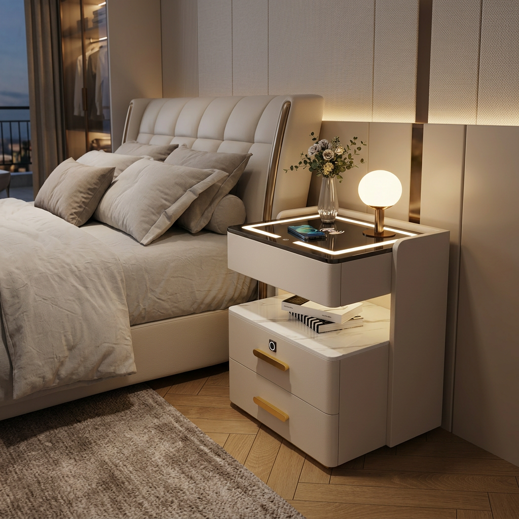 Szafka Nocna Velora Z Ładowaniem Bezprzewodowym, Głośnikiem Bluetooth, Podświetleniem LED I Blokadą Na Odcisk Palca