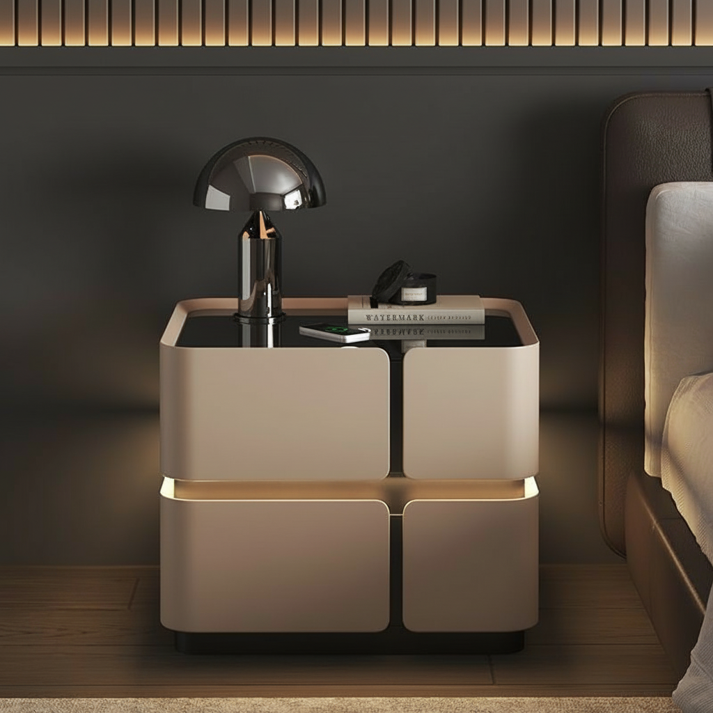 Szafka Nocna Soft Quad Z Ładowaniem Bezprzewodowym, Głośnikiem Bluetooth, Podświetleniem LED I Blokadą PIN