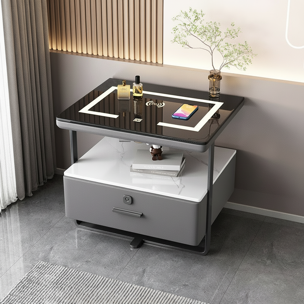 Szafka Nocna Nexor Z Ładowaniem Bezprzewodowym, Podświetleniem LED I Blokadą Na Odcisk Palca