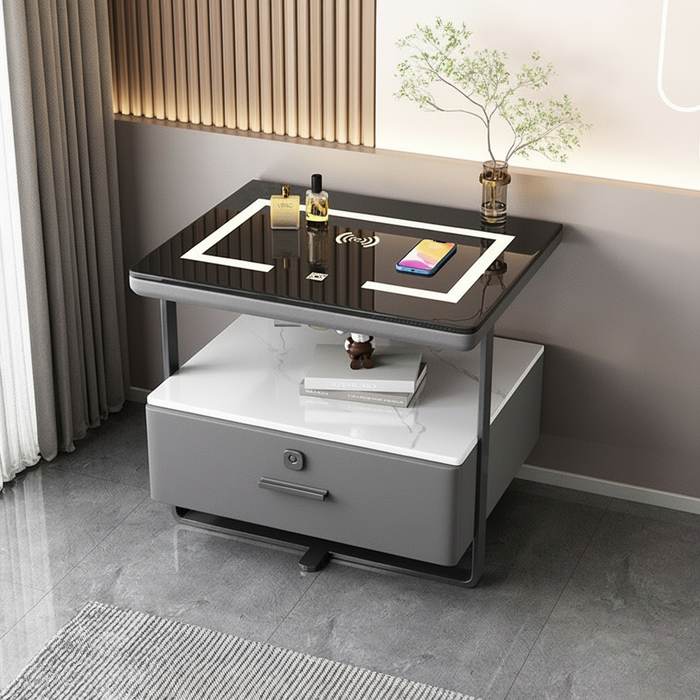 Minimalistischer Nachttisch mit Ablage und kabelloser Ladefunktion Szary / 48 x 40 x 50 cm / Kabelloses Laden + PIN