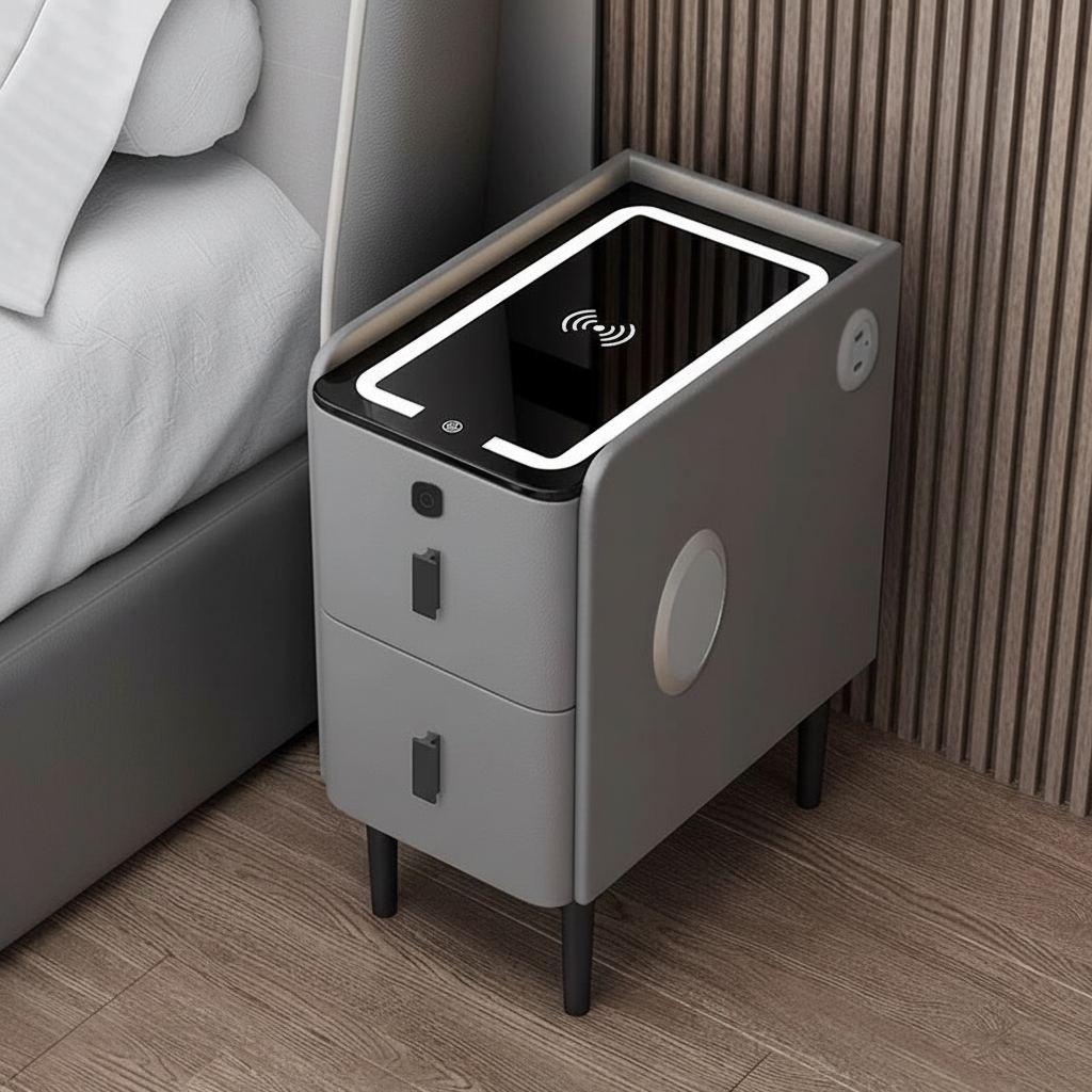 Szafka Nocna Nexo Z Ładowaniem Bezprzewodowym, Głośnikiem Bluetooth, Podświetleniem LED I Blokadą Na Odcisk Palca