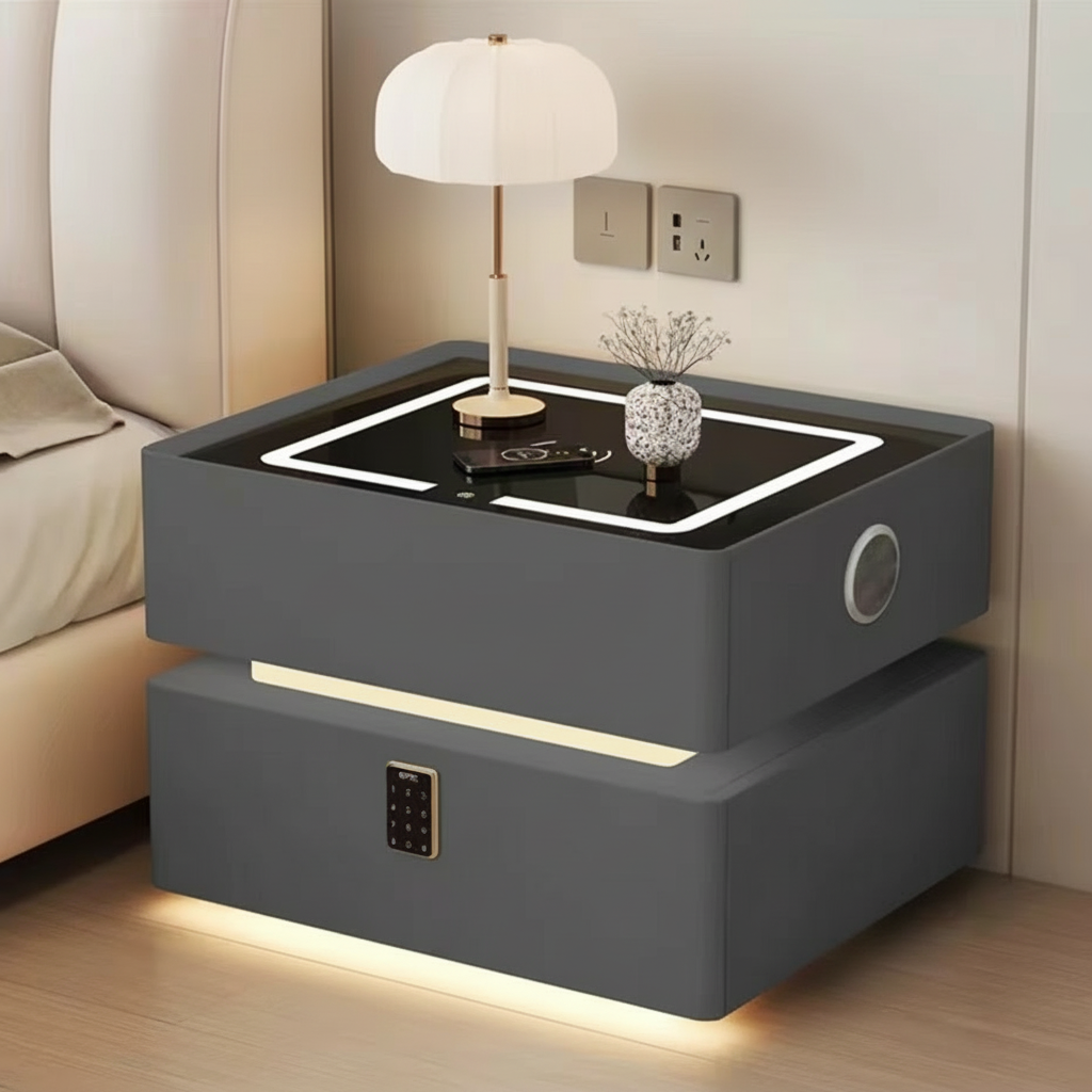 Szafka Nocna Lumo Z Ładowaniem Bezprzewodowym, Głośnikiem Bluetooth, Podświetleniem LED I Blokadą PIN