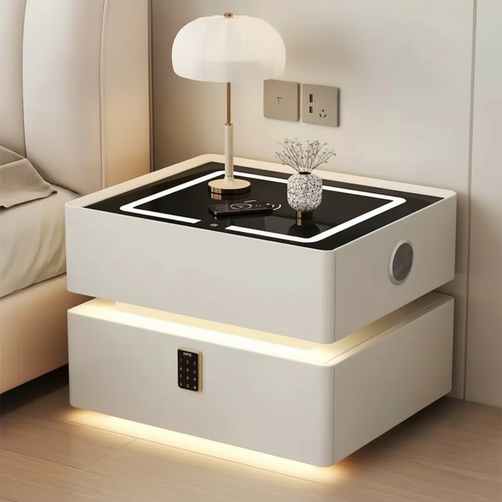 Szafka Nocna Lumo Z Ładowaniem Bezprzewodowym, Głośnikiem Bluetooth, Podświetleniem LED I Blokadą PIN