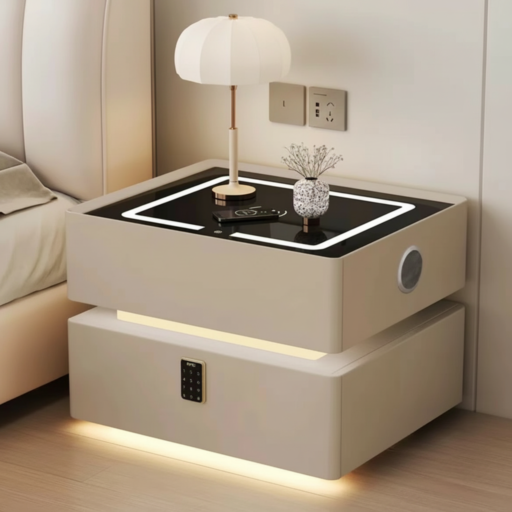 Szafka Nocna Lumo Z Ładowaniem Bezprzewodowym, Głośnikiem Bluetooth, Podświetleniem LED I Blokadą PIN