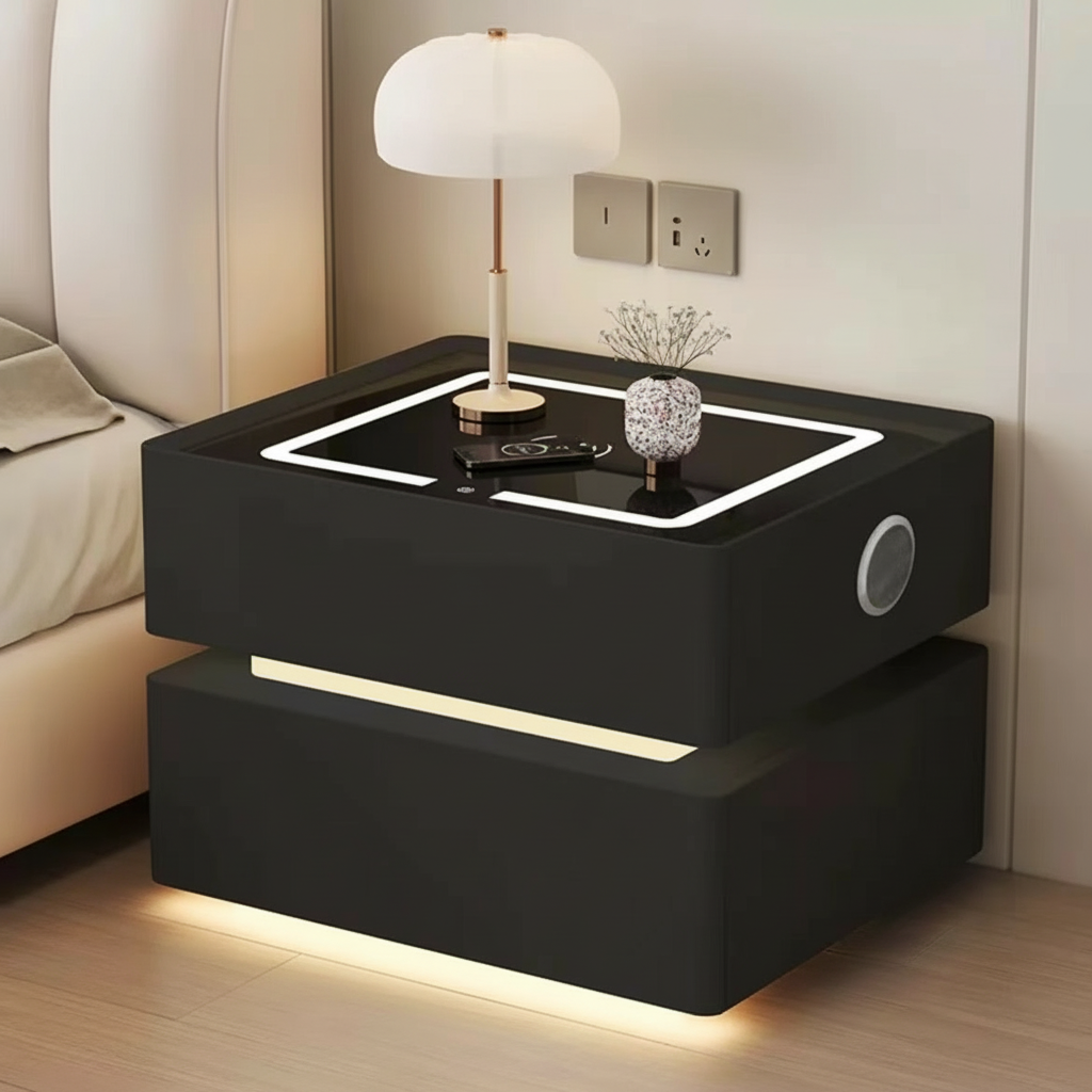 Szafka Nocna Lumo Z Ładowaniem Bezprzewodowym, Głośnikiem Bluetooth, Podświetleniem LED I Blokadą PIN