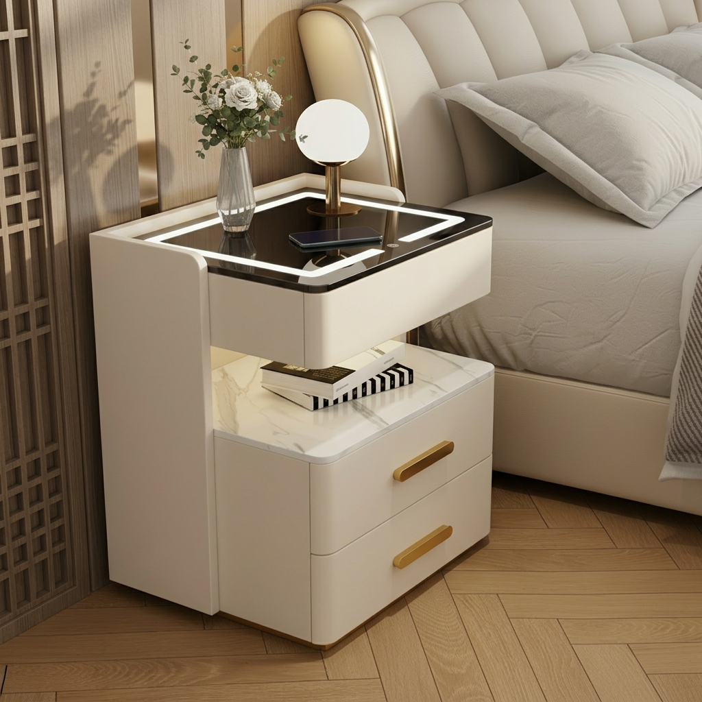 Szafka Nocna Velora Z Ładowaniem Bezprzewodowym, Głośnikiem Bluetooth, Podświetleniem LED I Blokadą Na Odcisk Palca