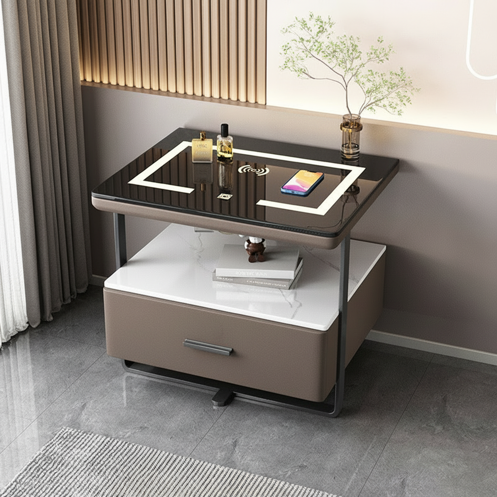 Szafka Nocna Nexor Z Ładowaniem Bezprzewodowym, Podświetleniem LED I Blokadą Na Odcisk Palca