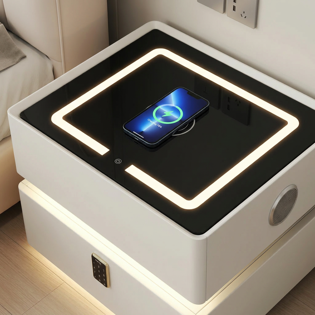 Szafka Nocna Lumo Z Ładowaniem Bezprzewodowym, Głośnikiem Bluetooth, Podświetleniem LED I Blokadą PIN