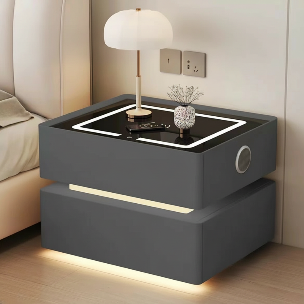 Szafka Nocna Lumo Z Ładowaniem Bezprzewodowym, Głośnikiem Bluetooth, Podświetleniem LED I Blokadą PIN