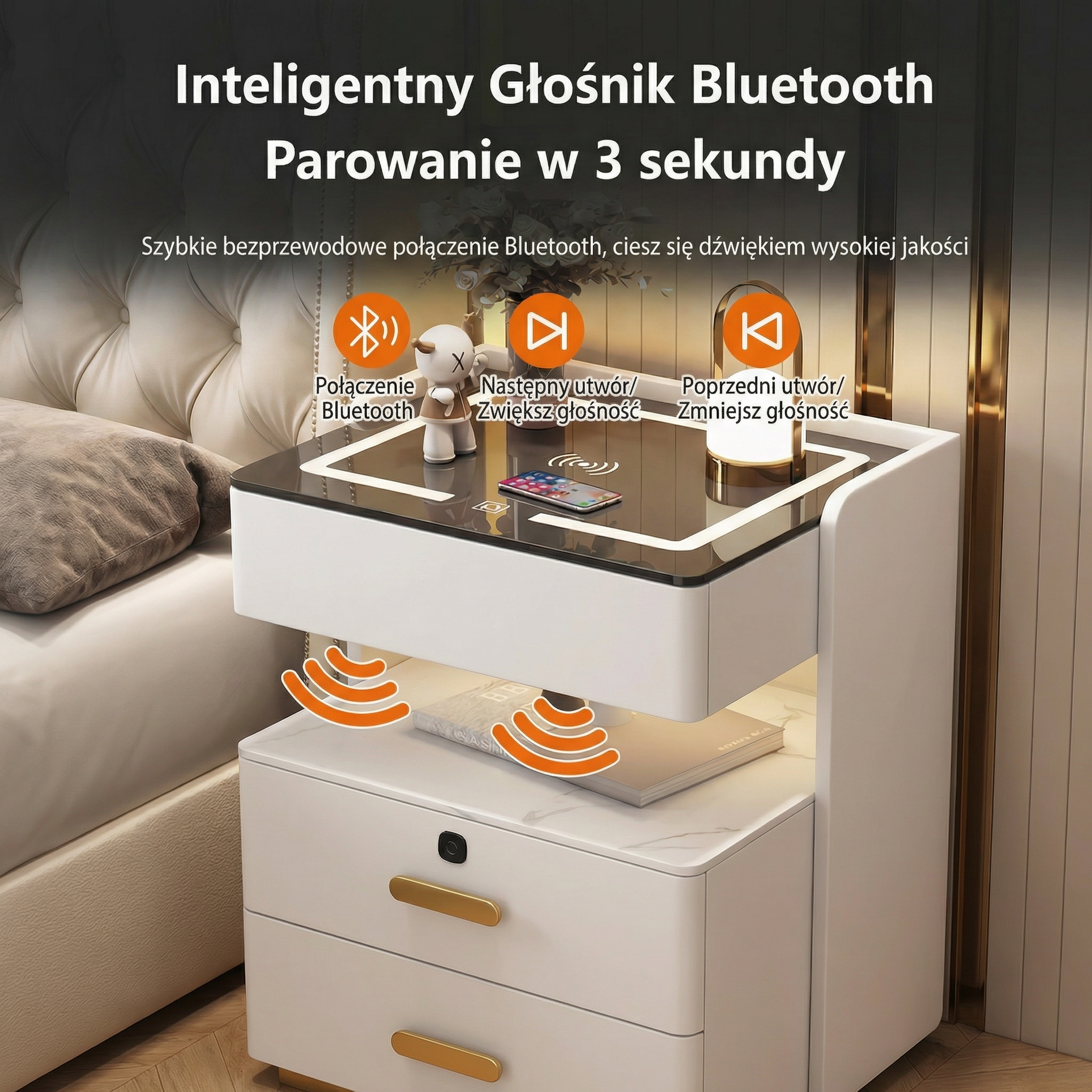 Szafka Nocna Velora Z Ładowaniem Bezprzewodowym, Głośnikiem Bluetooth, Podświetleniem LED I Blokadą Na Odcisk Palca