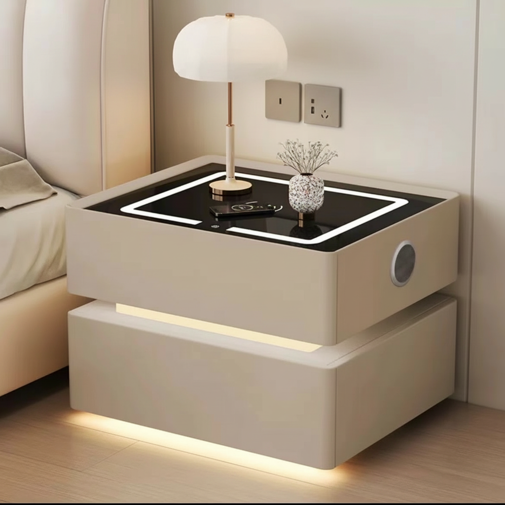 Szafka Nocna Lumo Z Ładowaniem Bezprzewodowym, Głośnikiem Bluetooth, Podświetleniem LED I Blokadą PIN