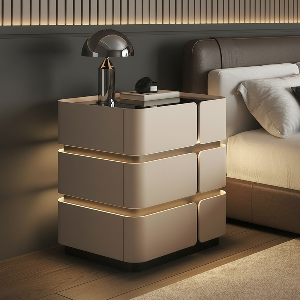 Szafka Nocna Soft Quad Z Ładowaniem Bezprzewodowym, Głośnikiem Bluetooth, Podświetleniem LED I Blokadą PIN