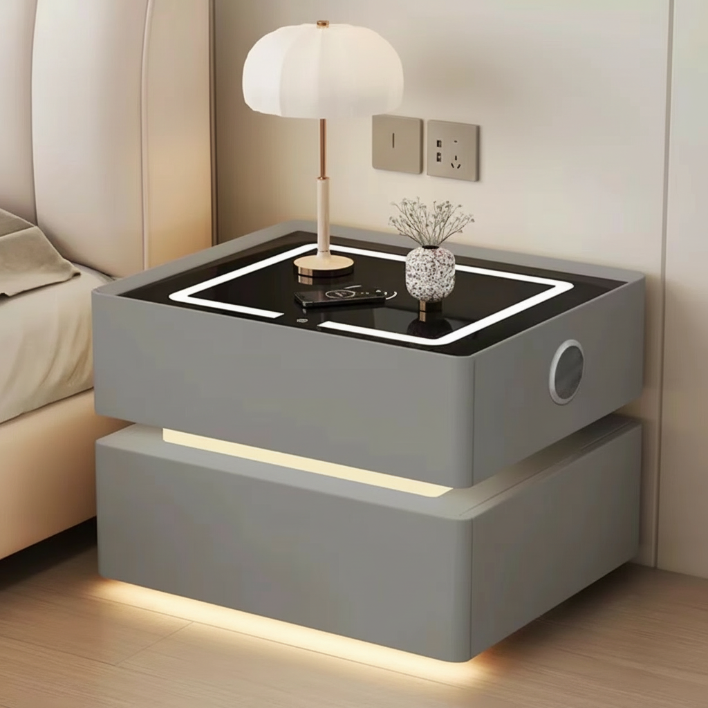 Szafka Nocna Lumo Z Ładowaniem Bezprzewodowym, Głośnikiem Bluetooth, Podświetleniem LED I Blokadą PIN