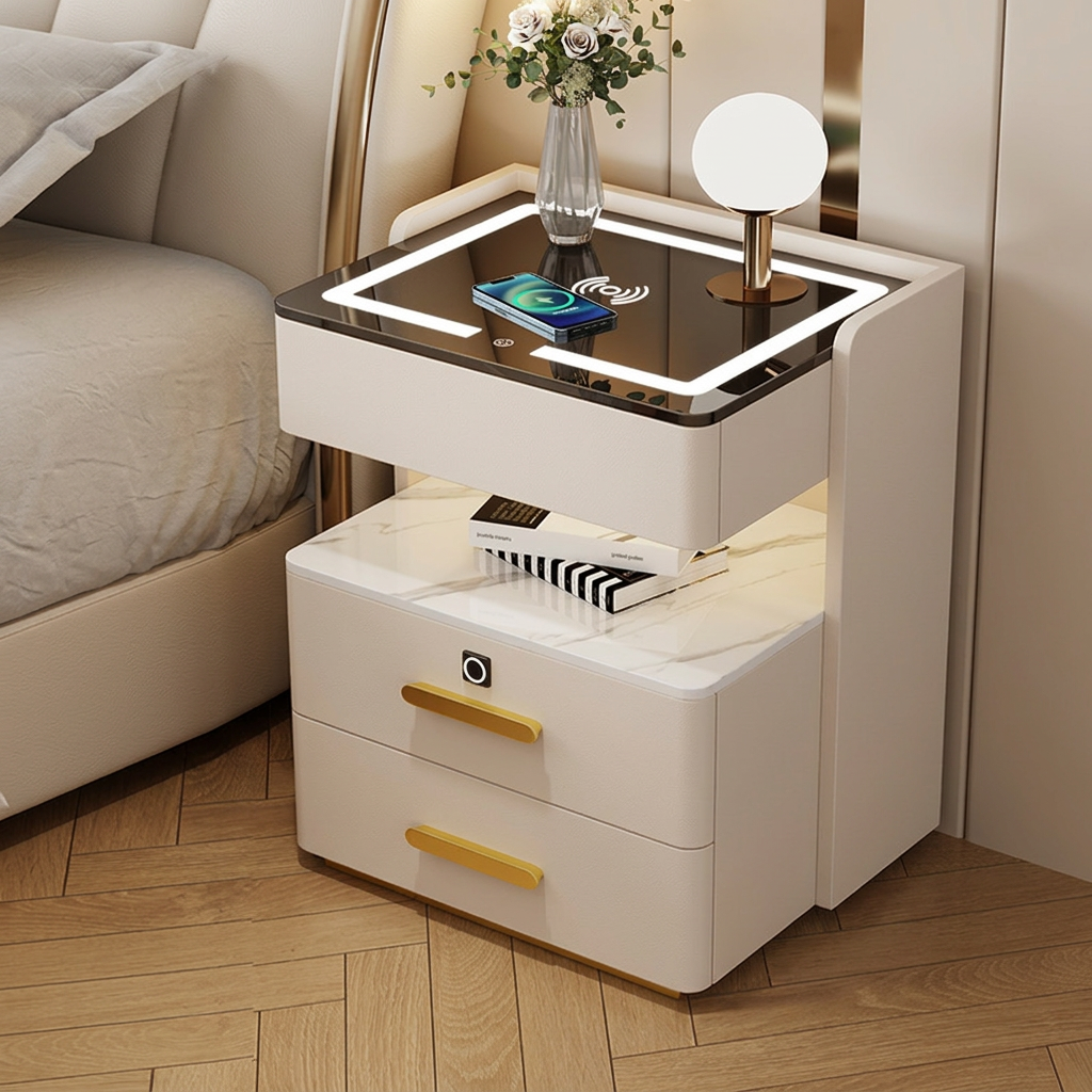 Szafka Nocna Velora Z Ładowaniem Bezprzewodowym, Głośnikiem Bluetooth, Podświetleniem LED I Blokadą Na Odcisk Palca