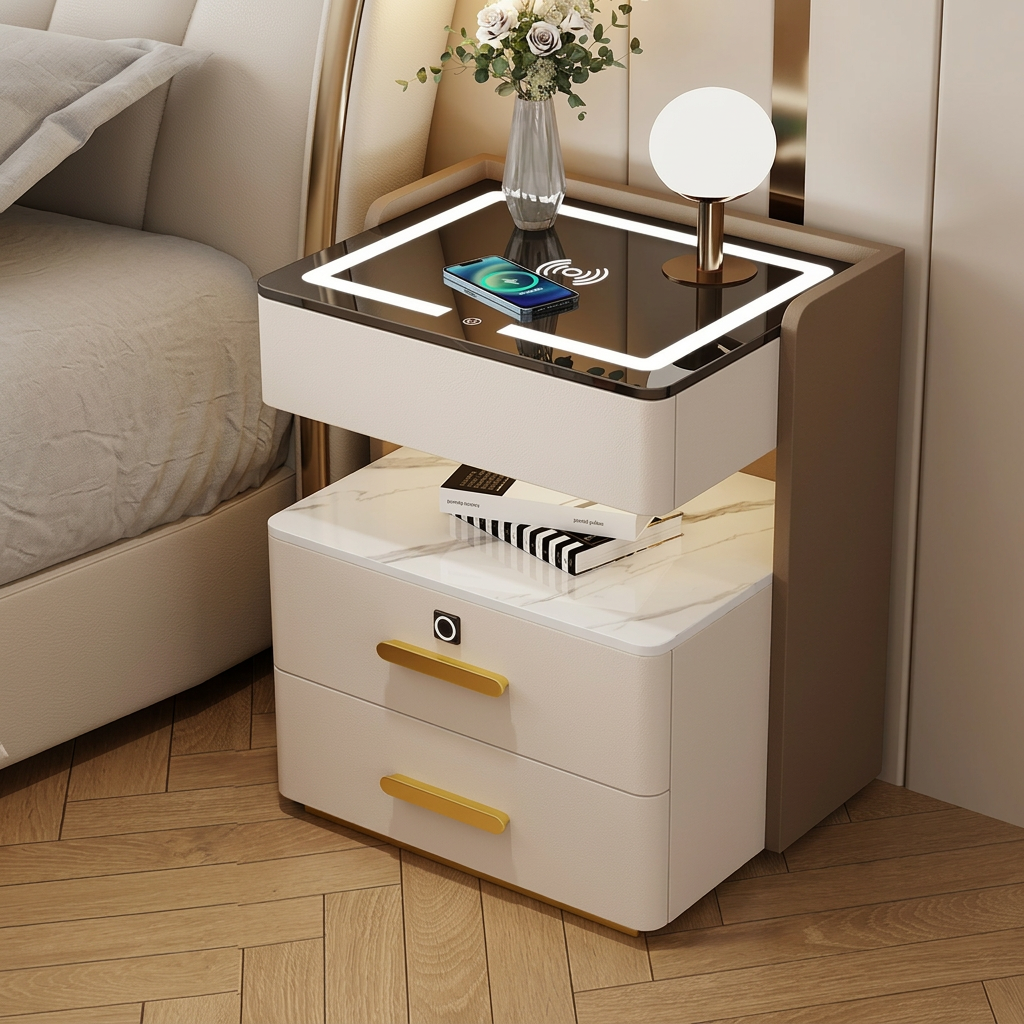 Szafka Nocna Velora Z Ładowaniem Bezprzewodowym, Głośnikiem Bluetooth, Podświetleniem LED I Blokadą Na Odcisk Palca