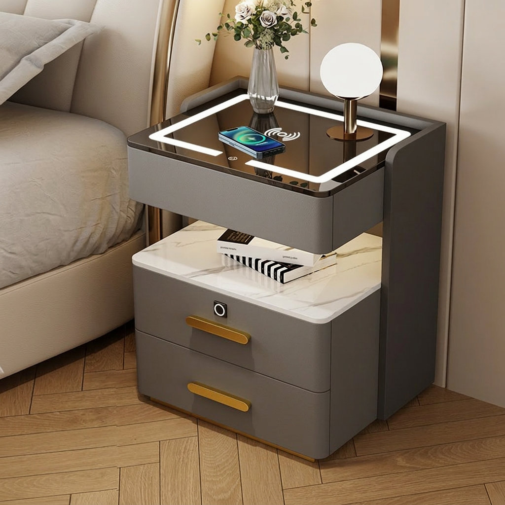 Szafka Nocna Velora Z Ładowaniem Bezprzewodowym, Głośnikiem Bluetooth, Podświetleniem LED I Blokadą Na Odcisk Palca