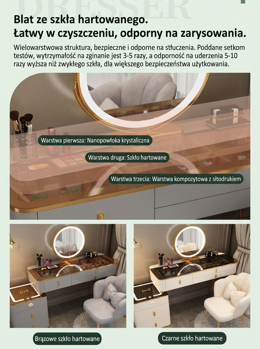 Toaletka 3w1 z LED, ładowaniem bezprzewodowym i głośnikiem Bluetooth