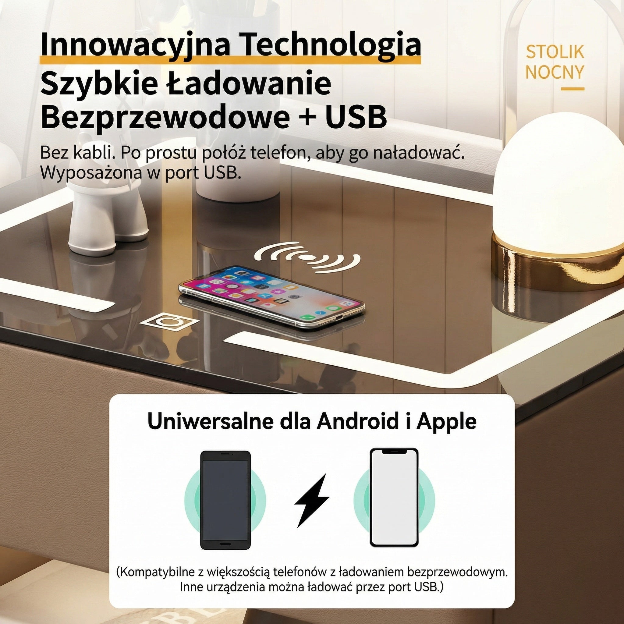 Szafka Nocna Velora Z Ładowaniem Bezprzewodowym, Głośnikiem Bluetooth, Podświetleniem LED I Blokadą Na Odcisk Palca
