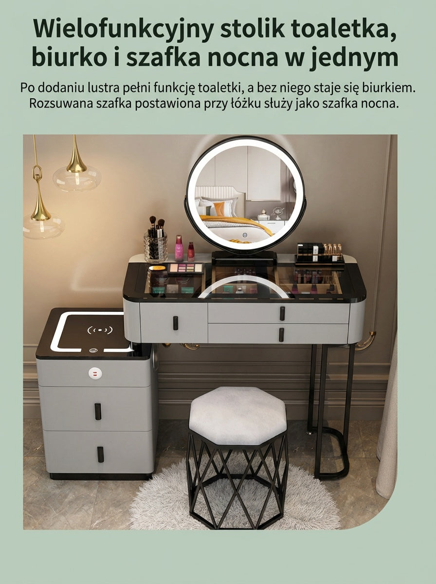 Toaletka 3w1 z LED, ładowaniem bezprzewodowym i głośnikiem Bluetooth