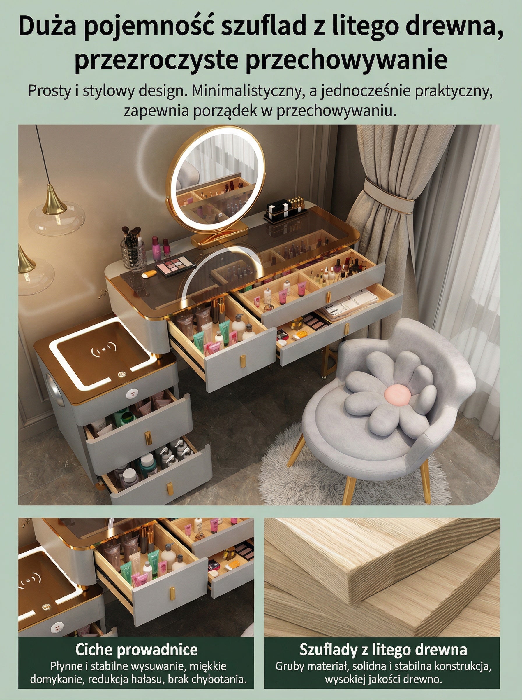 Toaletka 3w1 z LED, ładowaniem bezprzewodowym i głośnikiem Bluetooth