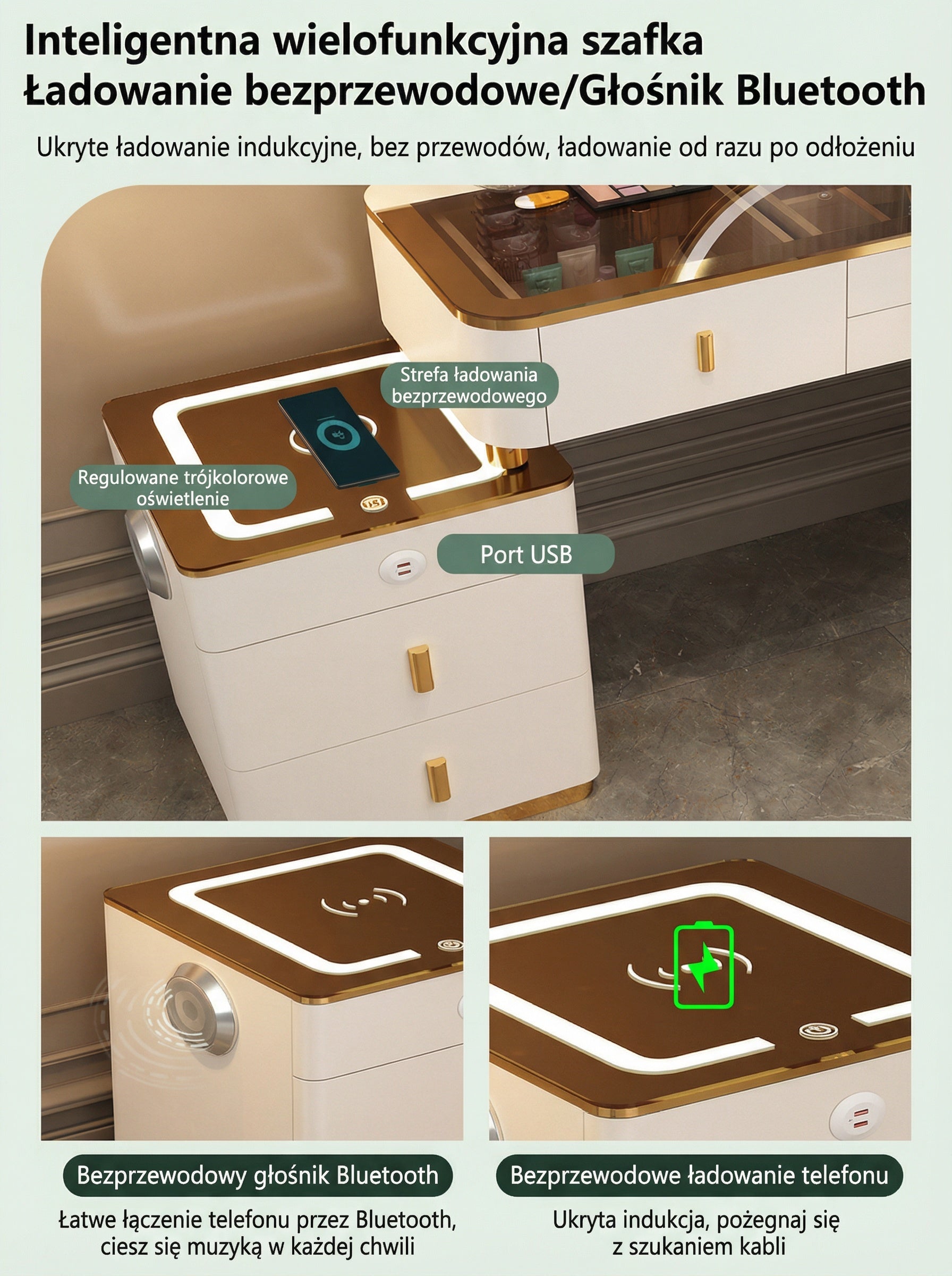 Toaletka 3w1 z LED, ładowaniem bezprzewodowym i głośnikiem Bluetooth