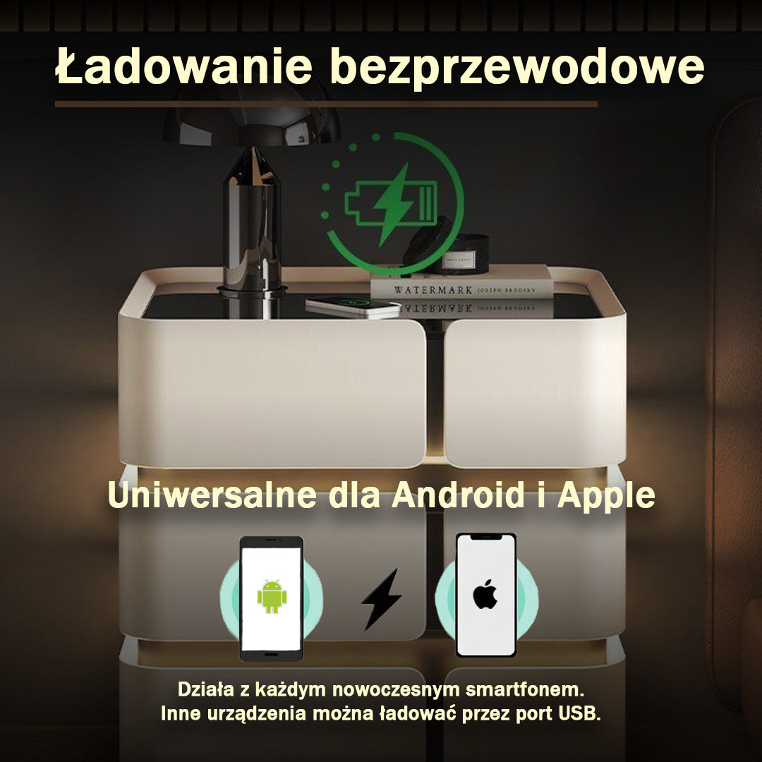 Nachttisch Soft Quad mit kabellosem Laden, Bluetooth-Lautsprecher, LED-Beleuchtung und PIN-Sperre