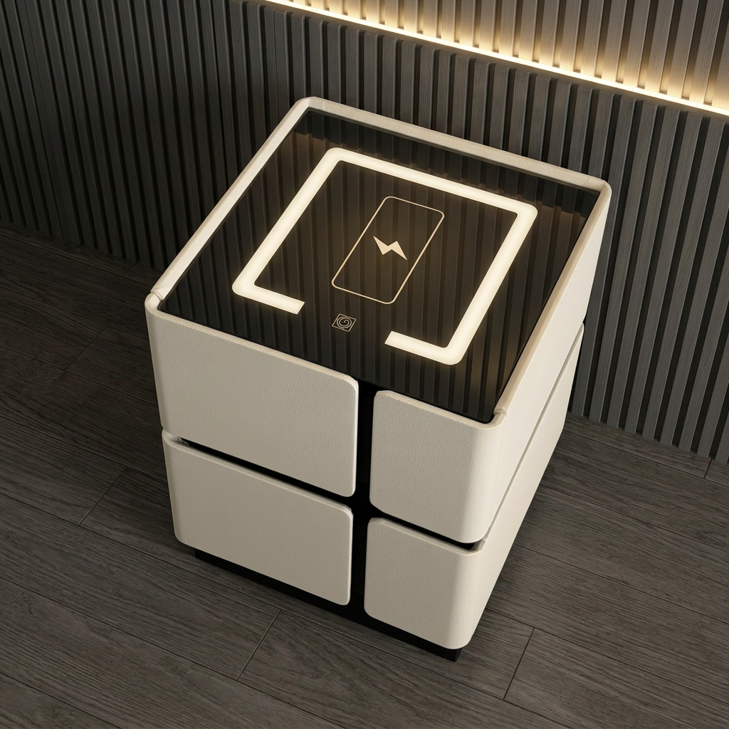 Weicher Vierfach-Nachttisch mit kabelloser Ladefunktion und 2 Schubladen