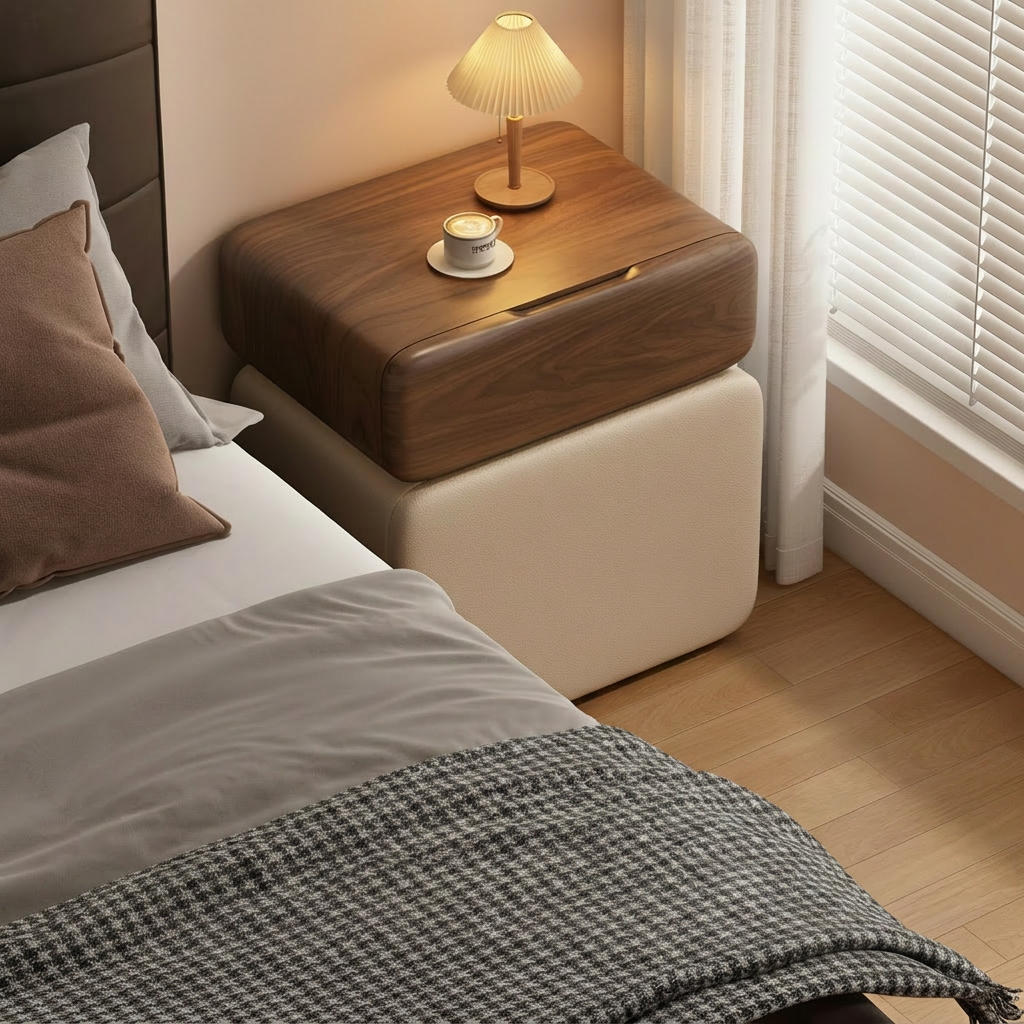 CubeWood Nachttisch – eine skulpturale Form, inspiriert von einem Holzblock.