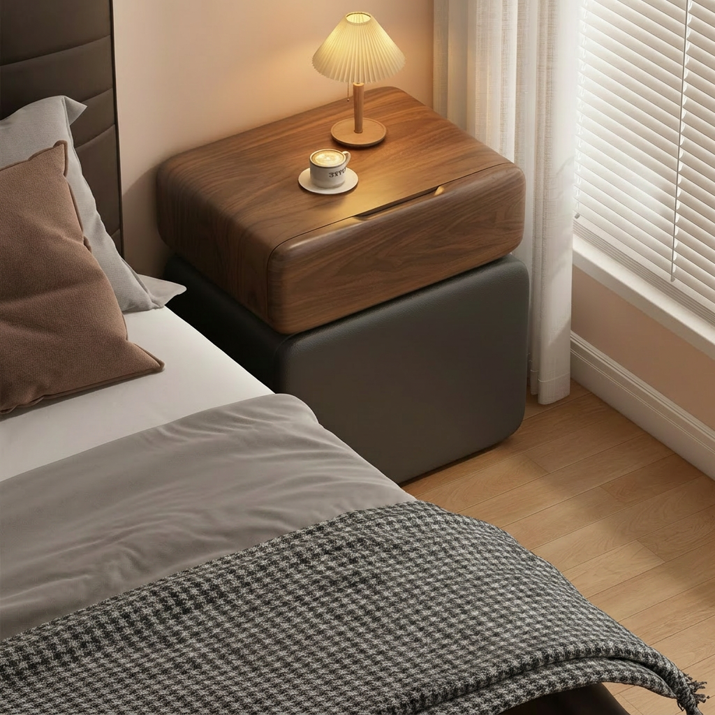 CubeWood Nachttisch – eine skulpturale Form, inspiriert von einem Holzblock.