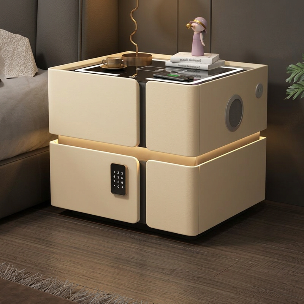 Szafka Nocna Soft Quad Z Ładowaniem Bezprzewodowym, Głośnikiem Bluetooth, Podświetleniem LED I Blokadą PIN