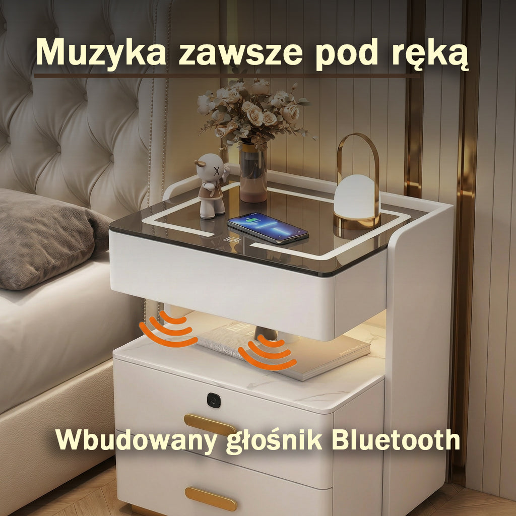 Szafka Nocna Velora Z Ładowaniem Bezprzewodowym, Głośnikiem Bluetooth, Podświetleniem LED I Blokadą Na Odcisk Palca