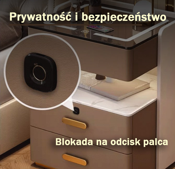 Szafka Nocna Velora Z Ładowaniem Bezprzewodowym, Głośnikiem Bluetooth, Podświetleniem LED I Blokadą Na Odcisk Palca