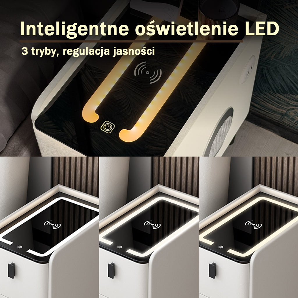 Nachttisch Nexo mit kabelloser Ladefunktion, Bluetooth-Lautsprecher, LED-Beleuchtung und Fingerabdrucksperre