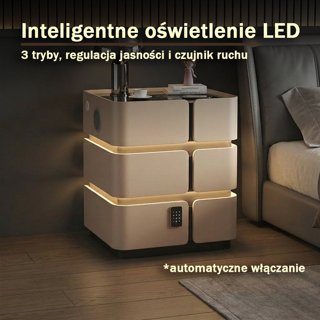 Nachttisch Soft Quad mit kabellosem Laden, Bluetooth-Lautsprecher, LED-Beleuchtung und PIN-Sperre