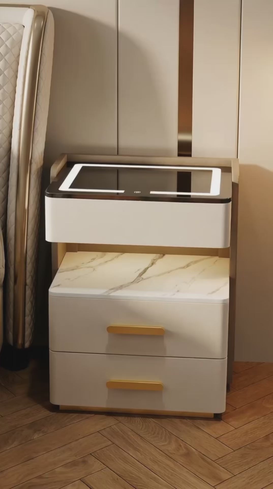 Szafka Nocna Velora Z Ładowaniem Bezprzewodowym, Głośnikiem Bluetooth, Podświetleniem LED I Blokadą Na Odcisk Palca