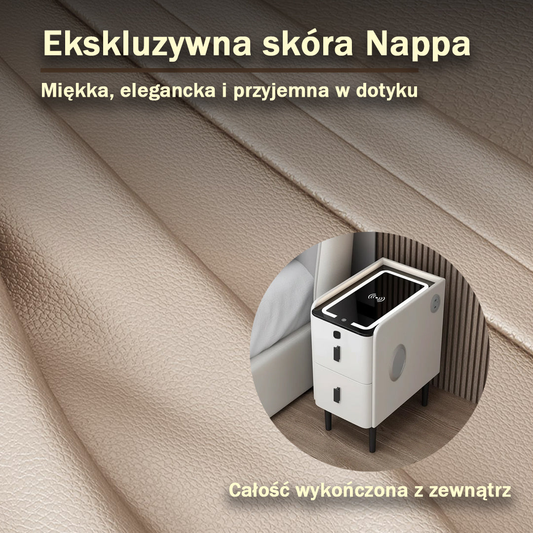 Nachttisch Nexo mit kabelloser Ladefunktion, Bluetooth-Lautsprecher, LED-Beleuchtung und Fingerabdrucksperre